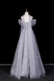 Silver Gray Tulle Snowflake Prom Gown | Off Shoulder Evening Dress with Sparkle HZ0429