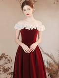 Off the Shoulder Burgundy Velvet Party Dress, Burgundy Floor Length Evening Party Dress HZ0429
