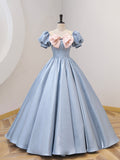 Blue Satin Floor Length Prom Dress with Bow, Blue A-Line Evening Formal Dress HZ0429
