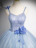 Blue Tulle Lace Floor Length Formal Dress, A-Line Spaghetti Strap Backless Evening Party Dress HZ0429