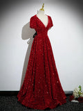 Burgundy V-Neck Sequins Long Prom Dress, A-Line Evening Party Dress with Bow HZ0429