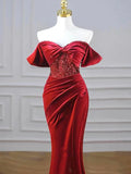 Burgundy Velvet Sequins Long Prom Dress, Mermaid Off the Shoulder Party Dress with Slit HZ0429