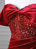 Burgundy Velvet Sequins Long Prom Dress, Mermaid Off the Shoulder Party Dress with Slit HZ0429