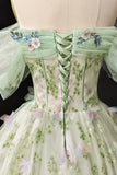 Floral Embroidered Sage Green Tulle Ball Gown Off Shoulder Evening Gown HZ0429