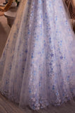 Blue Flower Fairy Tulle Long Prom Dress, Beautiful Off the Shoulder Party Dress HZ0429