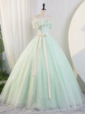 Beautiful Sage Green Tulle Floor Length Prom Dresses, A-Line Off the Shoulder Evening Part Dresses HZ0429
