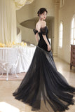 Black Velvet Off Shoulder Mermaid Evening Gown Beaded Tulle Train Formal Dress HZ0429