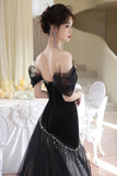 Black Velvet Off Shoulder Mermaid Evening Gown Beaded Tulle Train Formal Dress HZ0429