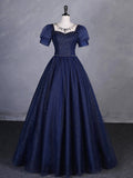 Navy Blue Tulle Beading Long Party Dress, Blue Scoop NecklineShort Sleeve Evening Dress HZ0429