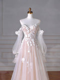 Champagne Tulle Lace Sweetheart Neck Long Formal Dress, A-Line Puff Sleeves Party Dress HZ0429
