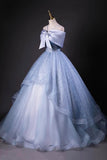 Blue Spaghetti Strap Tulle Long Prom Dress, Elegant A-Line Evening Party Dress HZ0429