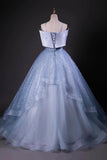 Blue Spaghetti Strap Tulle Long Prom Dress, Elegant A-Line Evening Party Dress HZ0429