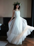 White Tulle Long A-Line Prom Dress, White Floor Length Evening Formal Dress HZ0429