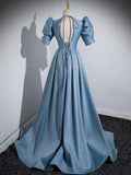 Blue Floor Length V-Neck Satin Prom Dress, Simple A-Line Evening Dress HZ0429