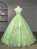Green Floral Tulle Long Formal Dress, Beautiful A-Line Evening Party Dress HZ0429