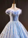 Blue Tulle Sequins Long Prom Dresses, Off the Shoulder A-Line Evening Dresses with Feather HZ0429