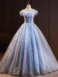 Blue Tulle Sequins Long Prom Dresses, Off the Shoulder A-Line Evening Dresses with Feather HZ0429