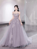 Light Purple Tulle Lace Long Prom Dress, Beautiful A-Line Strapless Party Dress HZ0429