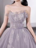 Light Purple Tulle Lace Long Prom Dress, Beautiful A-Line Strapless Party Dress HZ0429