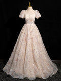 Champagne Tulle Sequins Long Prom Dress, Beautiful A-Line Evening Party Dress HZ0429