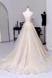 Champagne Tulle Lace Long Prom Dress, A-Line Beautiful Strapless Evening Formal Dress HZ0429