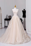 Champagne Tulle Lace Long Prom Dress, A-Line Beautiful Strapless Evening Formal Dress HZ0429