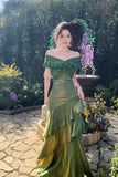 Green Off-the-Shoulder Mermaid Evening Gown with Ruffled Tiered Skirt HZ0429