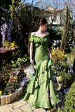 Green Off-the-Shoulder Mermaid Evening Gown with Ruffled Tiered Skirt HZ0429