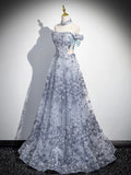 Gray Tulle Sequins Long Prom Dress, Off the Shoulder Evening Party Dress HZ0429