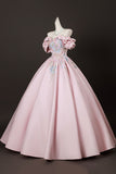 Pink Satin Lace Long Prom Dress, Lovely A-Line Off the Shoulder Evening Formal Dress HZ0429
