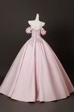 Pink Satin Lace Long Prom Dress, Lovely A-Line Off the Shoulder Evening Formal Dress HZ0429