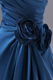 Elegant Blue Satin Ruched Bodice Evening Dress with Train HZ0429