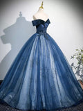 Blue Velvet and Tulle Long Formal Dress, A-Line Off the Shoulder Prom Party Dress HZ0429