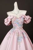 Pink Satin Lace Long Prom Dress, Lovely A-Line Off the Shoulder Evening Formal Dress HZ0429