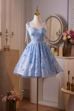 Blue Tulle Lace Short A-Line Prom Party Dress, Cute Spaghetti Strap Homecoming Dress HZ0429