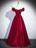 Burgundy Satin Floor Length Prom Dress, Off the Shoulder Evening Party Dress HZ0429