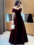 Burgundy Velvet Floor Length Prom Dress, V-Neck Off Shoulder Evening Party Dress HZ0429