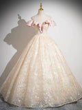Pink and Champagne Lace Long Prom Dress, Beautiful V-Neck Evening Party Dress HZ0429