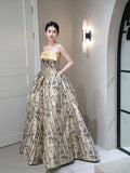 Elegant Printed Pattern Long Prom Dress, A-Line Strapless Evening Party Dress HZ0429
