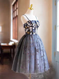 Black Printing Sequins Party Dress, Spaghetti Straps Sleeveless Backless Short Formal Dress HZ0429