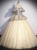 Champagne Floral Tulle Long Formal Dress, Off the Shoulder A-Line Evening Party Gown HZ0429