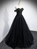 Black Tulle Beaded Floor Length Prom Dress, Black A-Line Off-Shoulder Evening Party Dress HZ0429