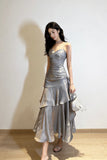 Luxury Grey Formal Dress Sleeveless Ruched Party Gown with Ruffles HZ0429